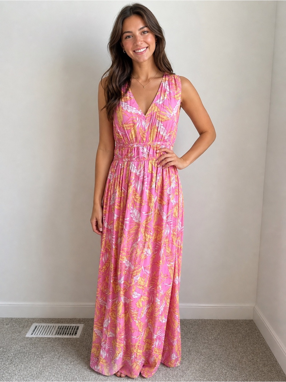 Jessica Simpson Sleeveless Pink Tropical Racerback Maxi Dress Size L